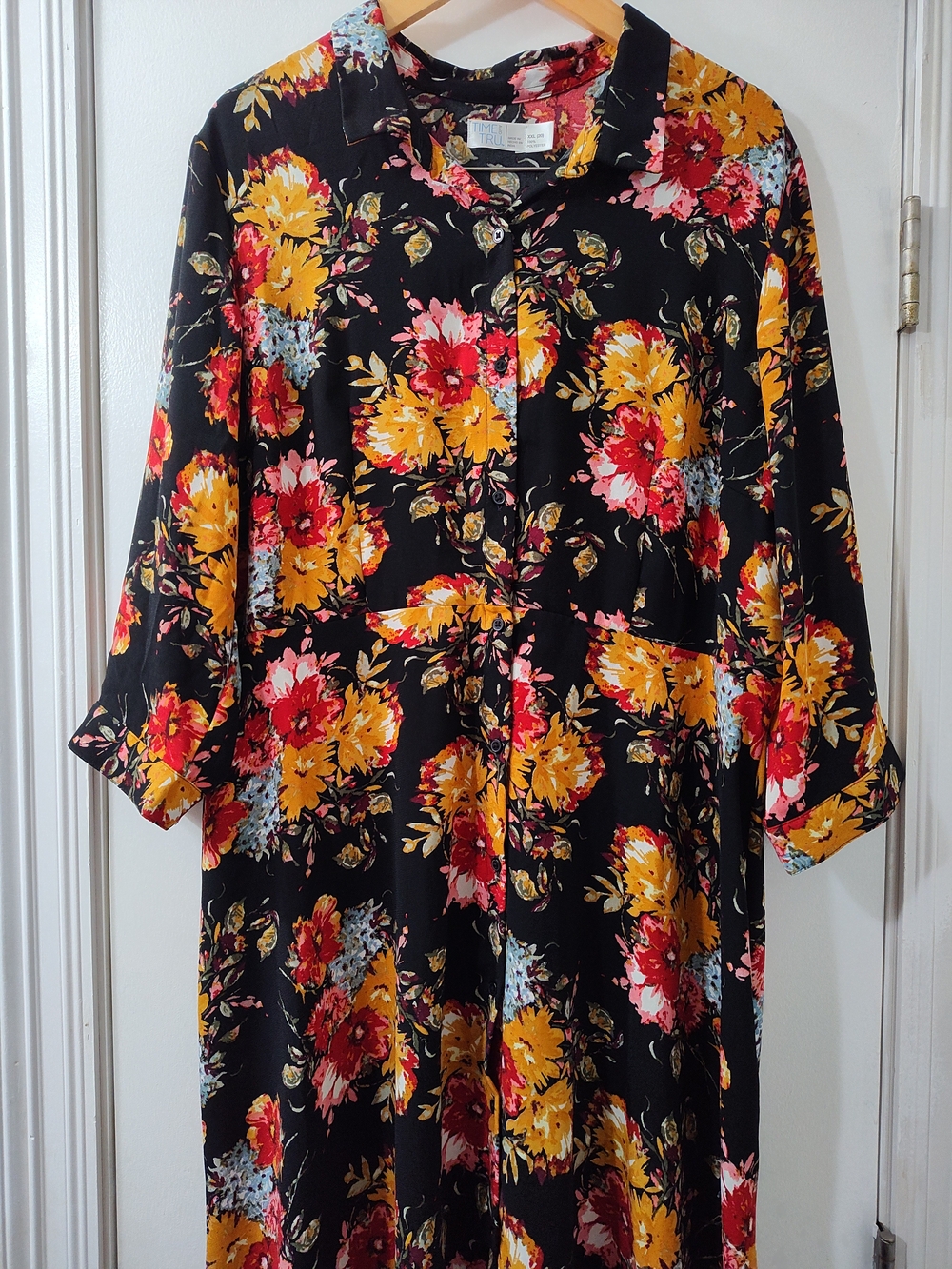Time and Tru Black Maxi Dress w/ Yellow, Red & Blue Floral Pattern Modest Artsy